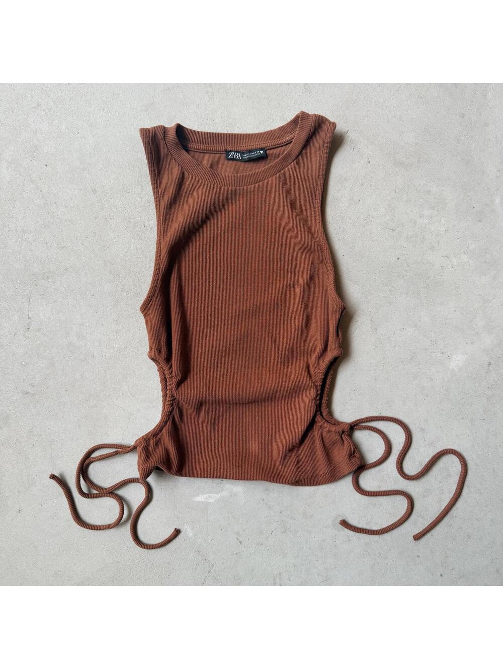 Zara Brown Ribbed Sleeveless Crop Top with Side Cut Outs and Ties